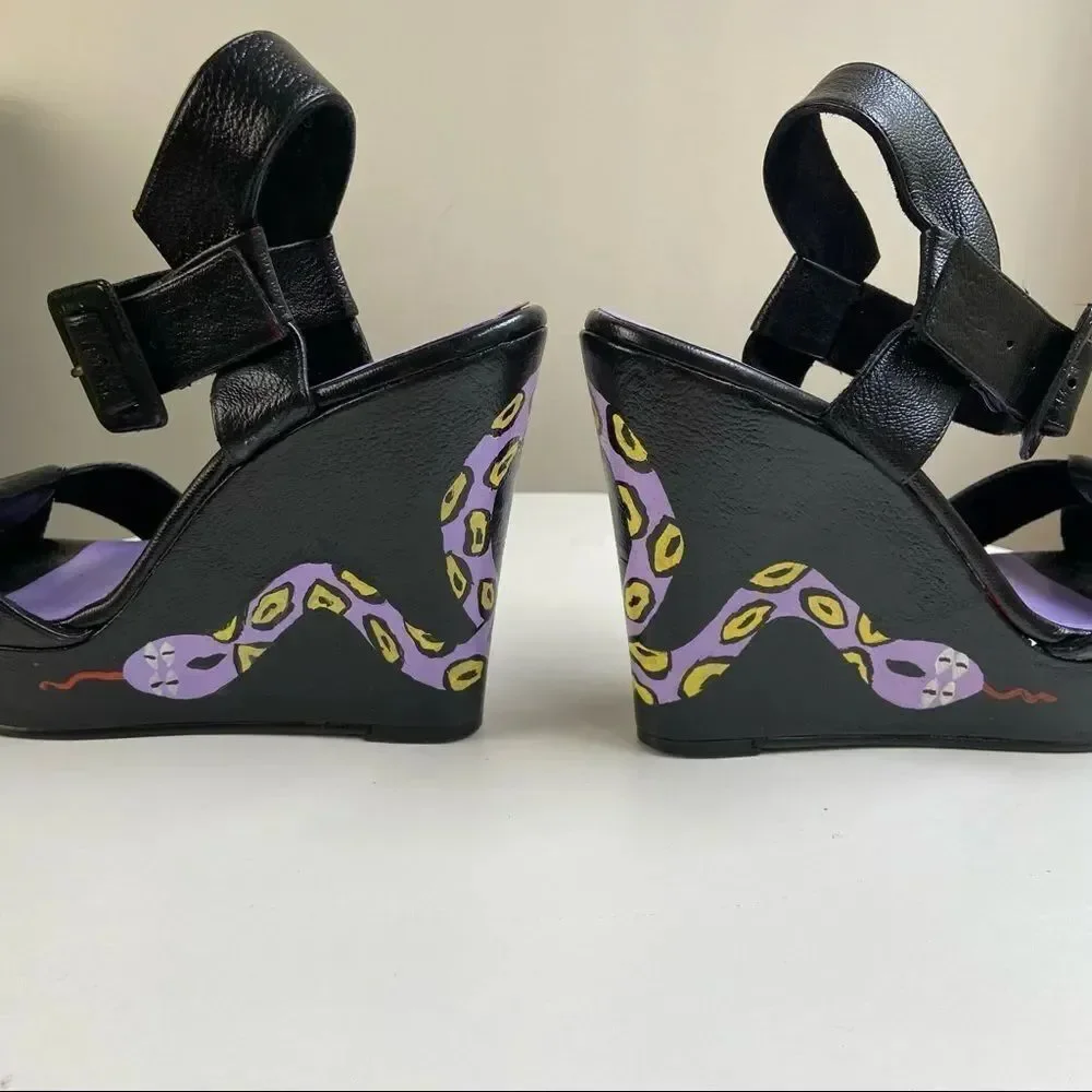 Hand Painted Nine West Platform Wedge Pumps Featuring Snake Motif One of a Kind